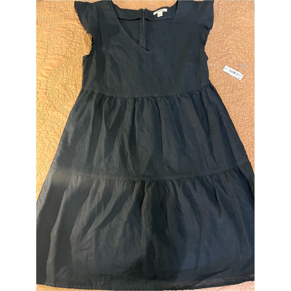 NWT Linen Blend Black V-Neck Tiered Mini Dress Cottage Peasant Flutter Sleeve